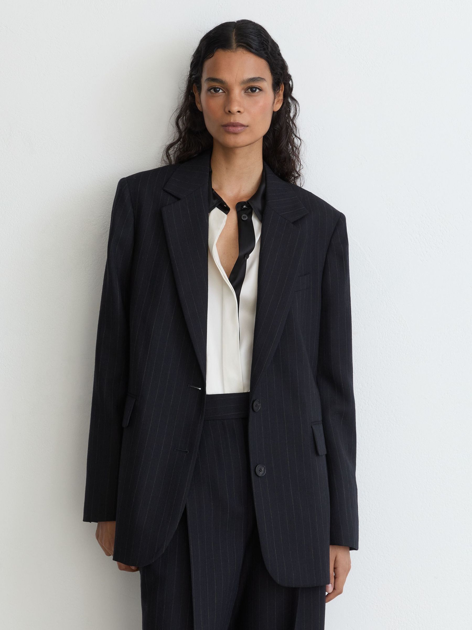 Navy - Wool Pinstripe Single-breasted Suit Blazer Relaxed-fit