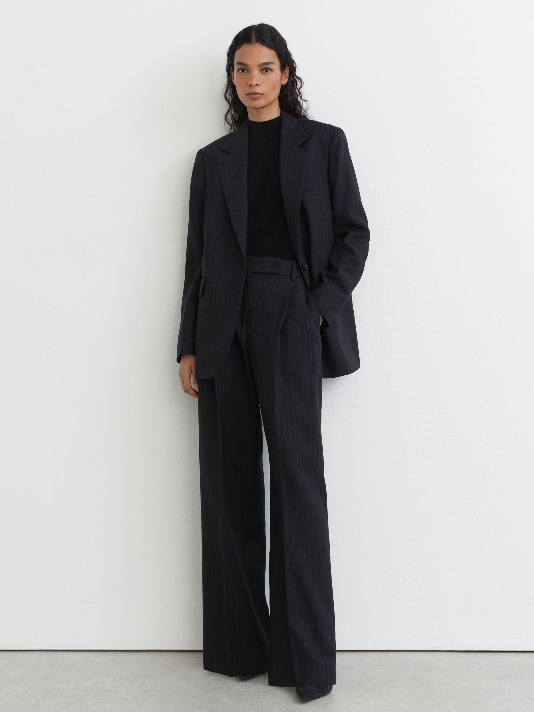 Navy - Wool Pinstripe Wide-leg Suit Trousers