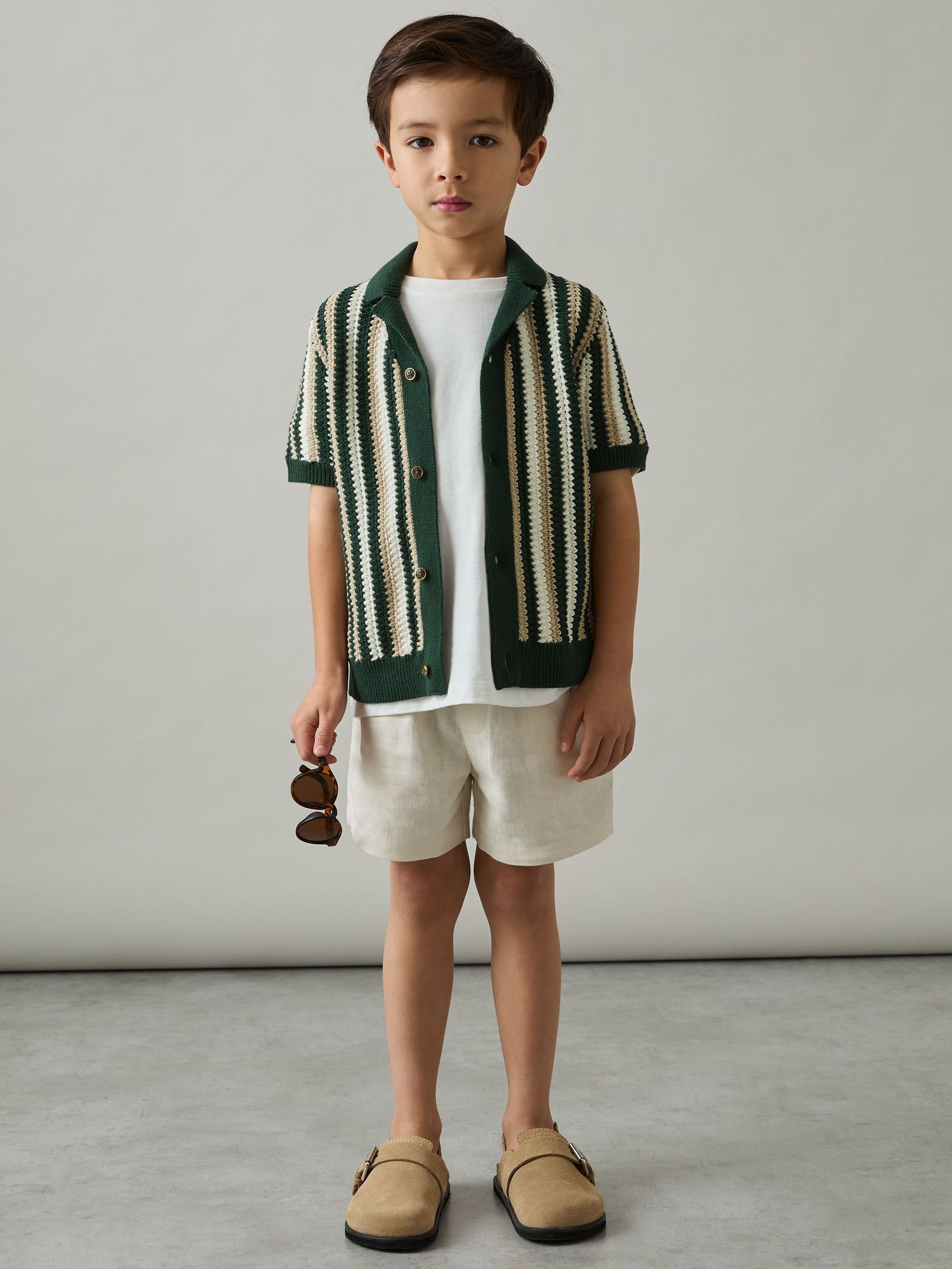 3-9 yrs Cotton Crochet Stripe Cuban Shirt in Green (AT5425) | 60 €