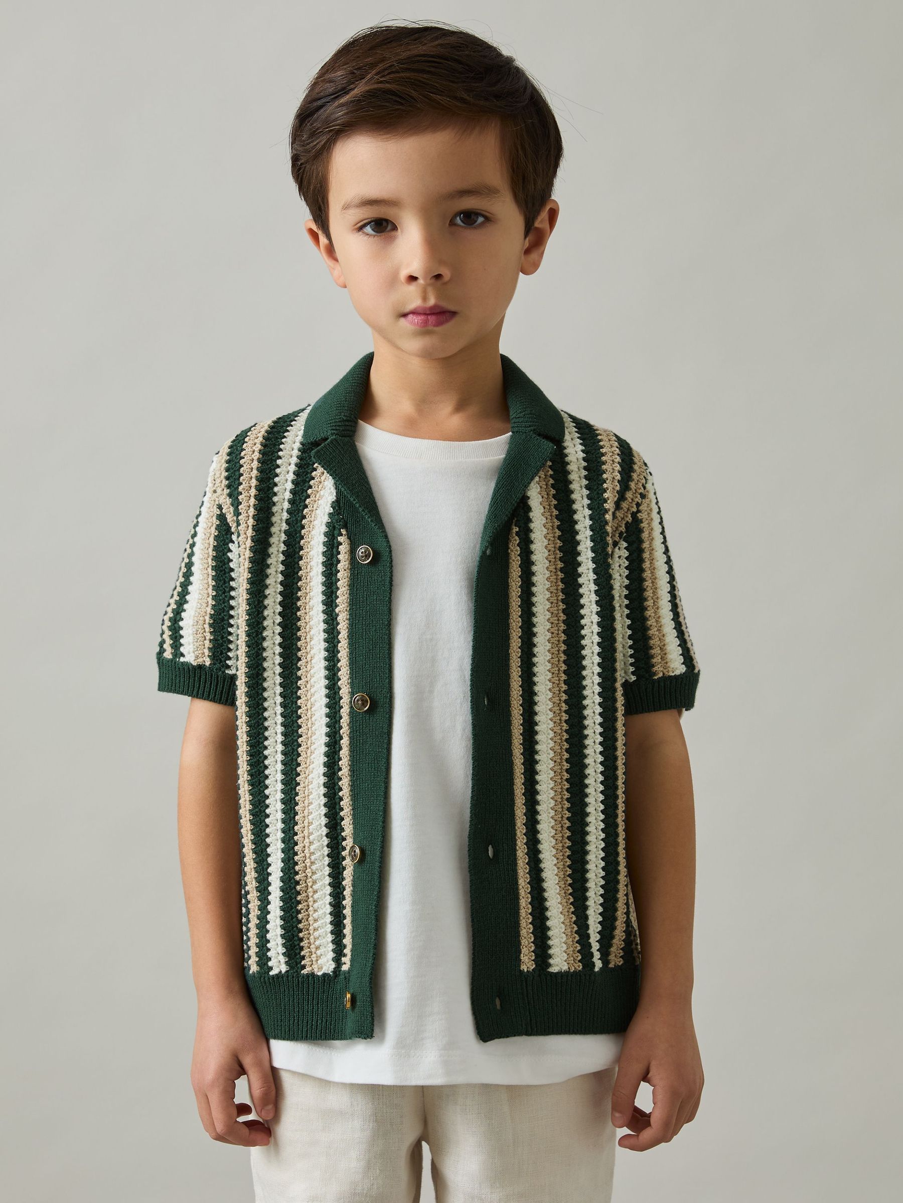 9-13 yrs Cotton Crochet Stripe Cuban Shirt in Green (AT5460) | 65 €