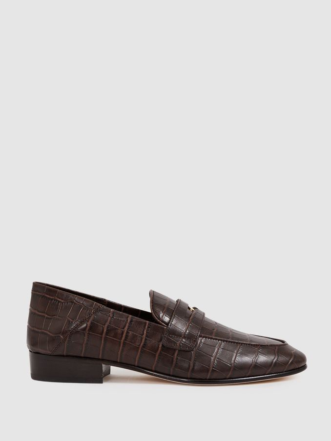 Paige Leather Crocodile-Embossed Penny Loafers in Chocolate (AT5463) | €420