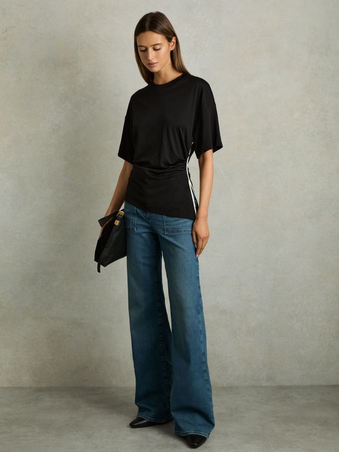 Draped Crew-Neck T-Shirt With Cotton in Cream/Black (AT5496) | € 82