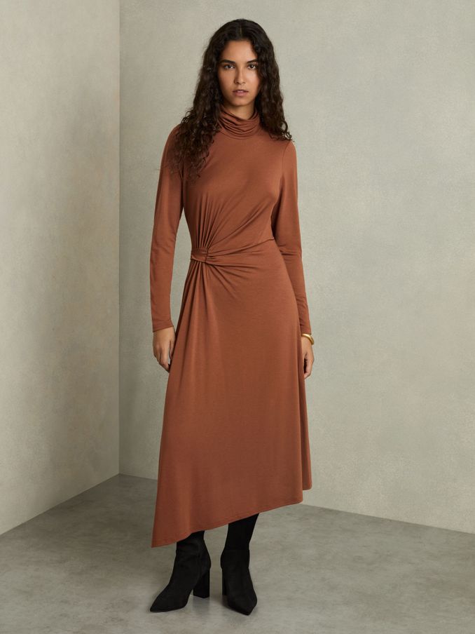 Draped Jersey Midi Dress in Camel (AT5933) | US$130