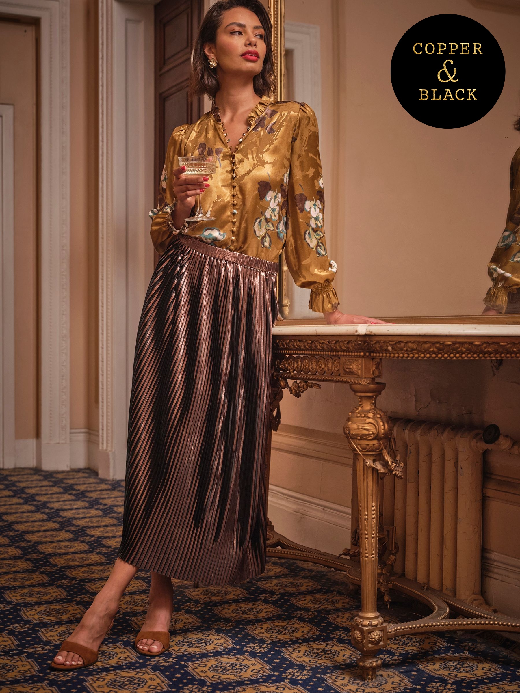 Talia Bronze Metallic Pleated Midi Skirt (AT6784) | $129