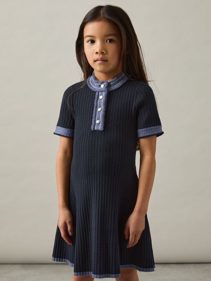 9-13 yrs Contrast-Trim Rib-Knit Dress in Navy (AT9569) | 405 SAR