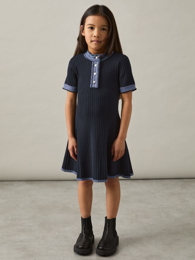 4-9 yrs Contrast-Trim Rib-Knit Dress in Navy (AT9571) | €95