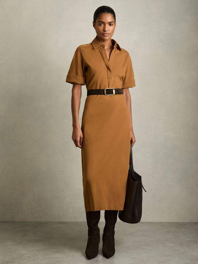Jersey Open-Collar Bodycon Dress in Mustard (AT9572) | US$109