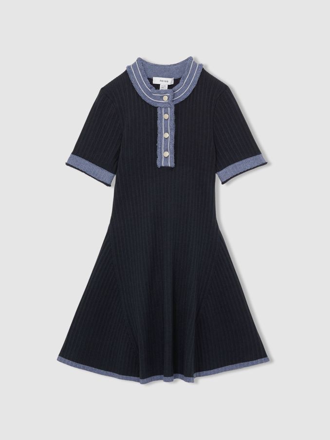 13-14 yrs Contrast-Trim Rib-Knit Dress in Navy (AT9573) | €95