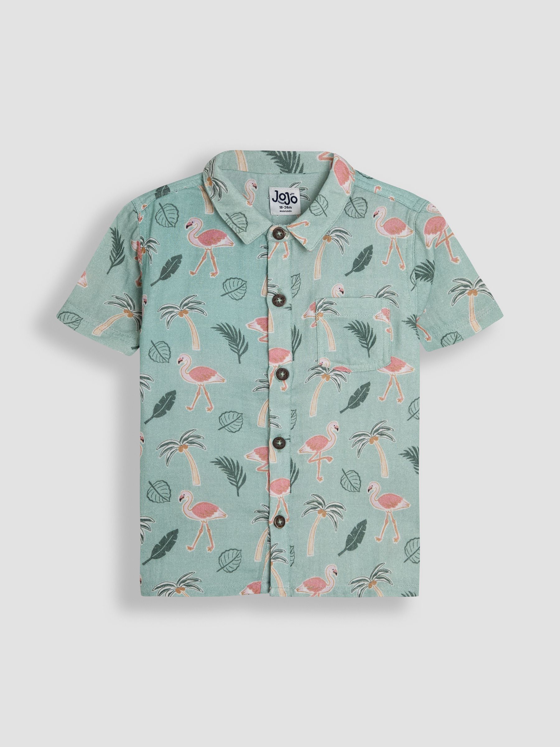 Khaki Green Flamingos Cheesecloth Shirt (AU0447) | $38 - $43