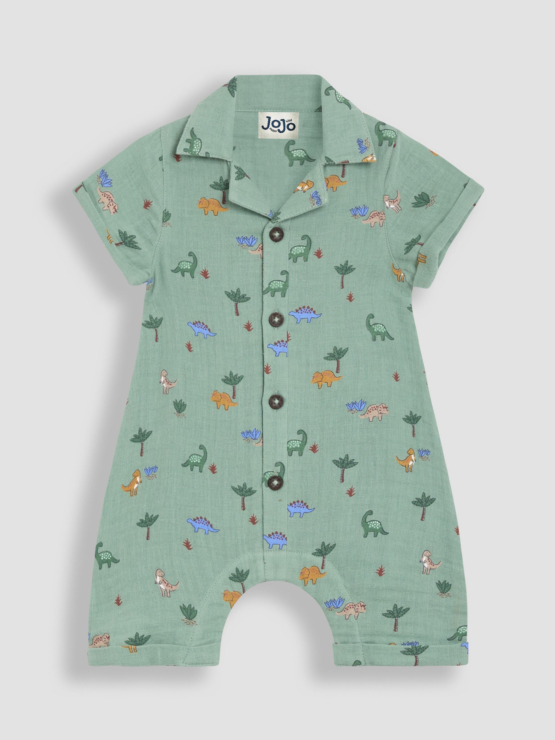 Khaki Green Dino Cheesecloth Button Front Romper (AU0473) | $43 - $45