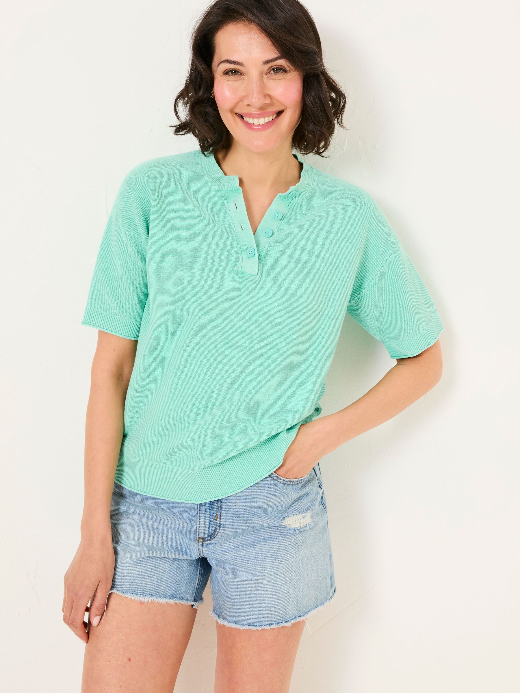Fleur Light Teal Laundered Henley Top (AU2560) | $77