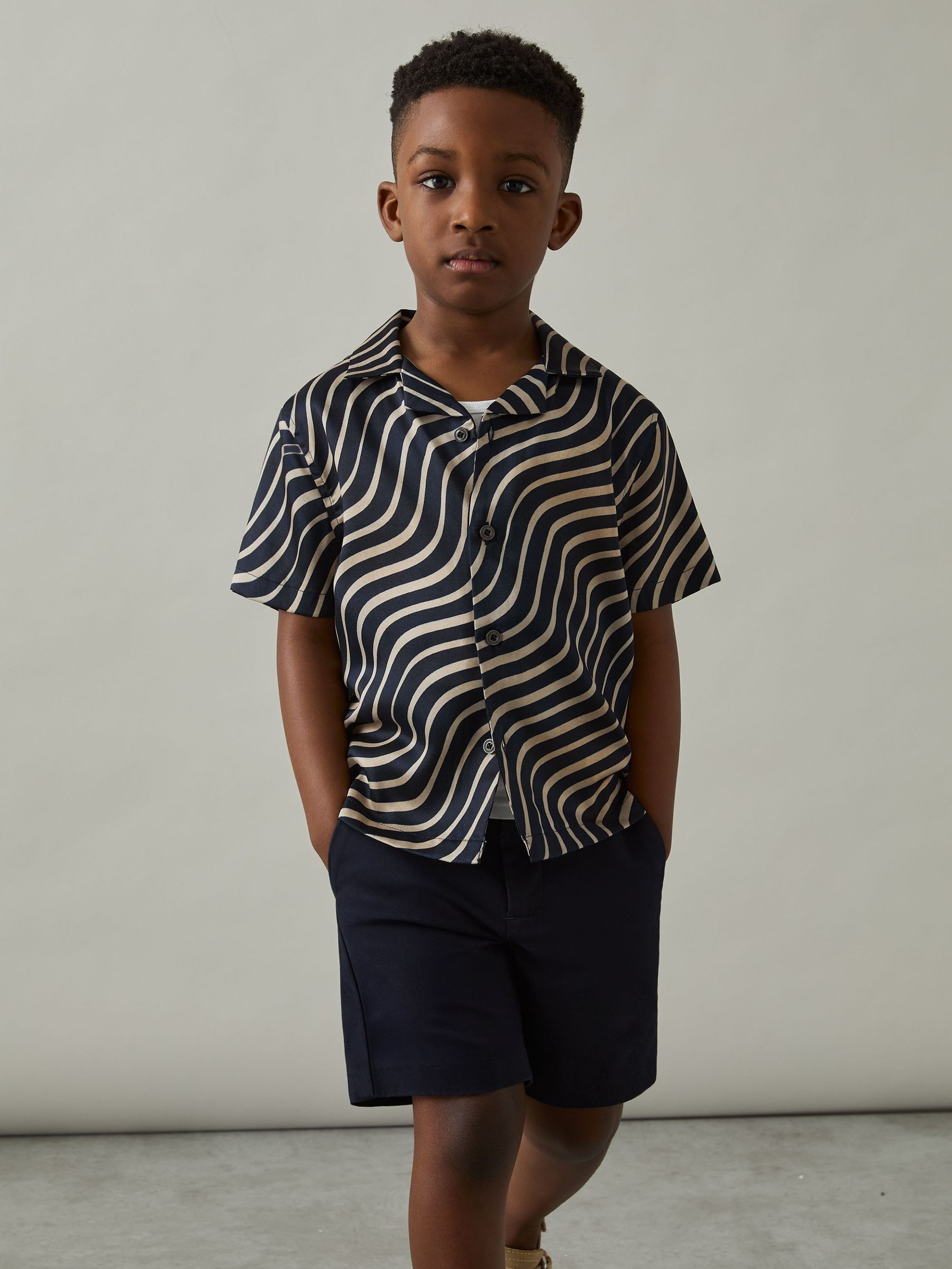 3-9 yrs Wave-Print Cuban-Collar Shirt in Navy/Off White (AU4108) | 240 SAR