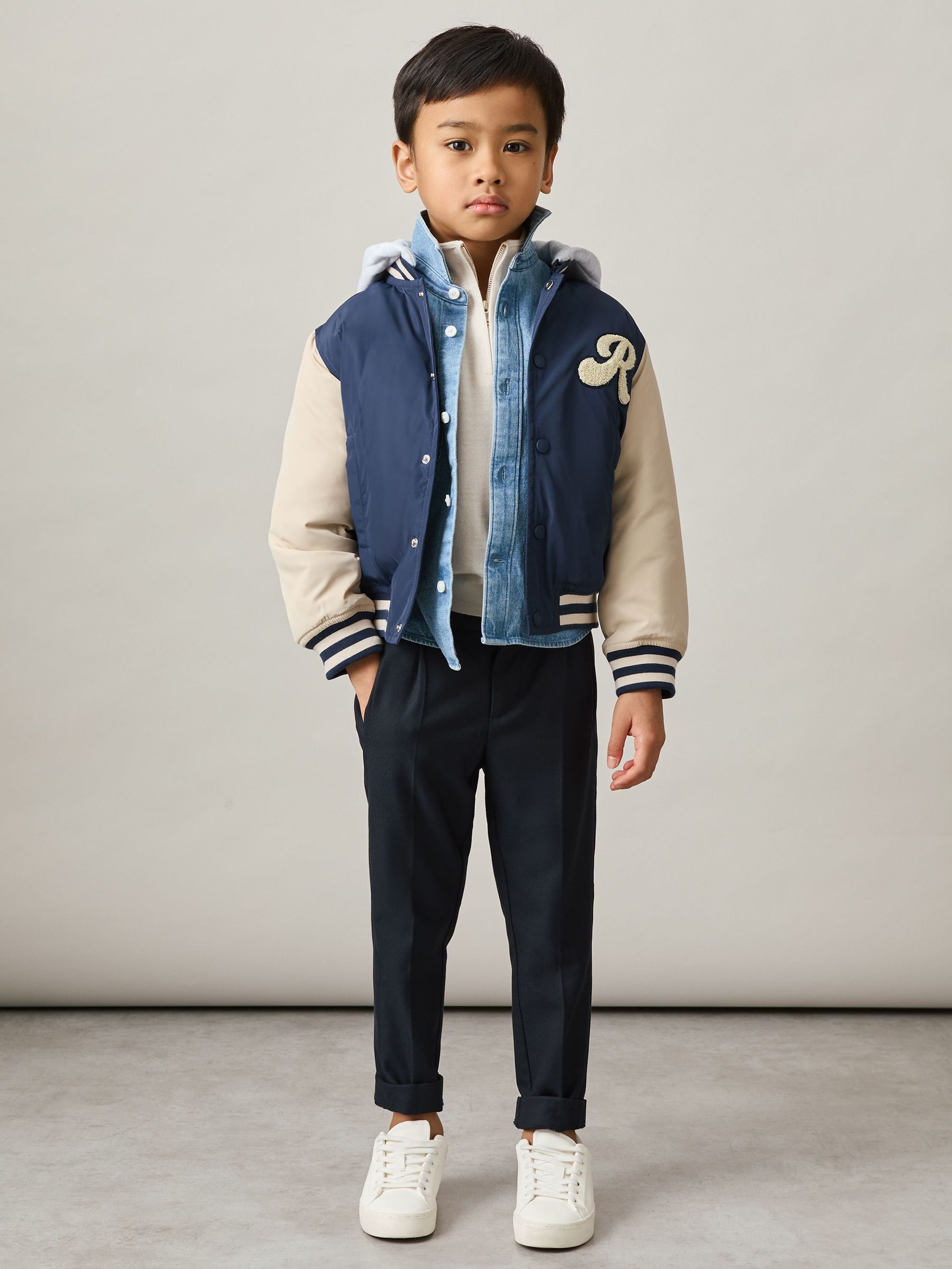 3-9 yrs Logo Patch Hooded Varsity Jacket in Airforce Blue/Off White (AU4110) | US$120