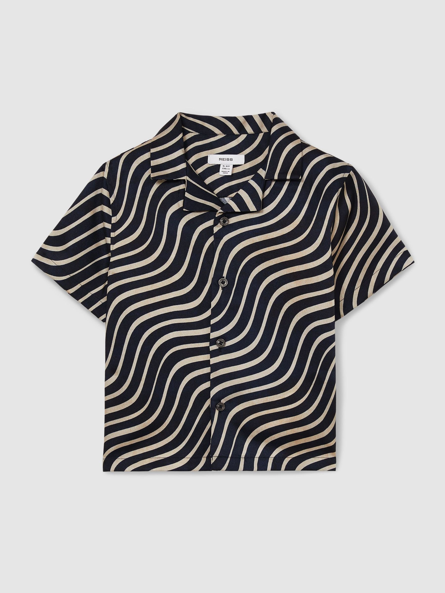 13-14 yrs Wave-Print Cuban-Collar Shirt in Navy/Off White (AU4117) | US$75