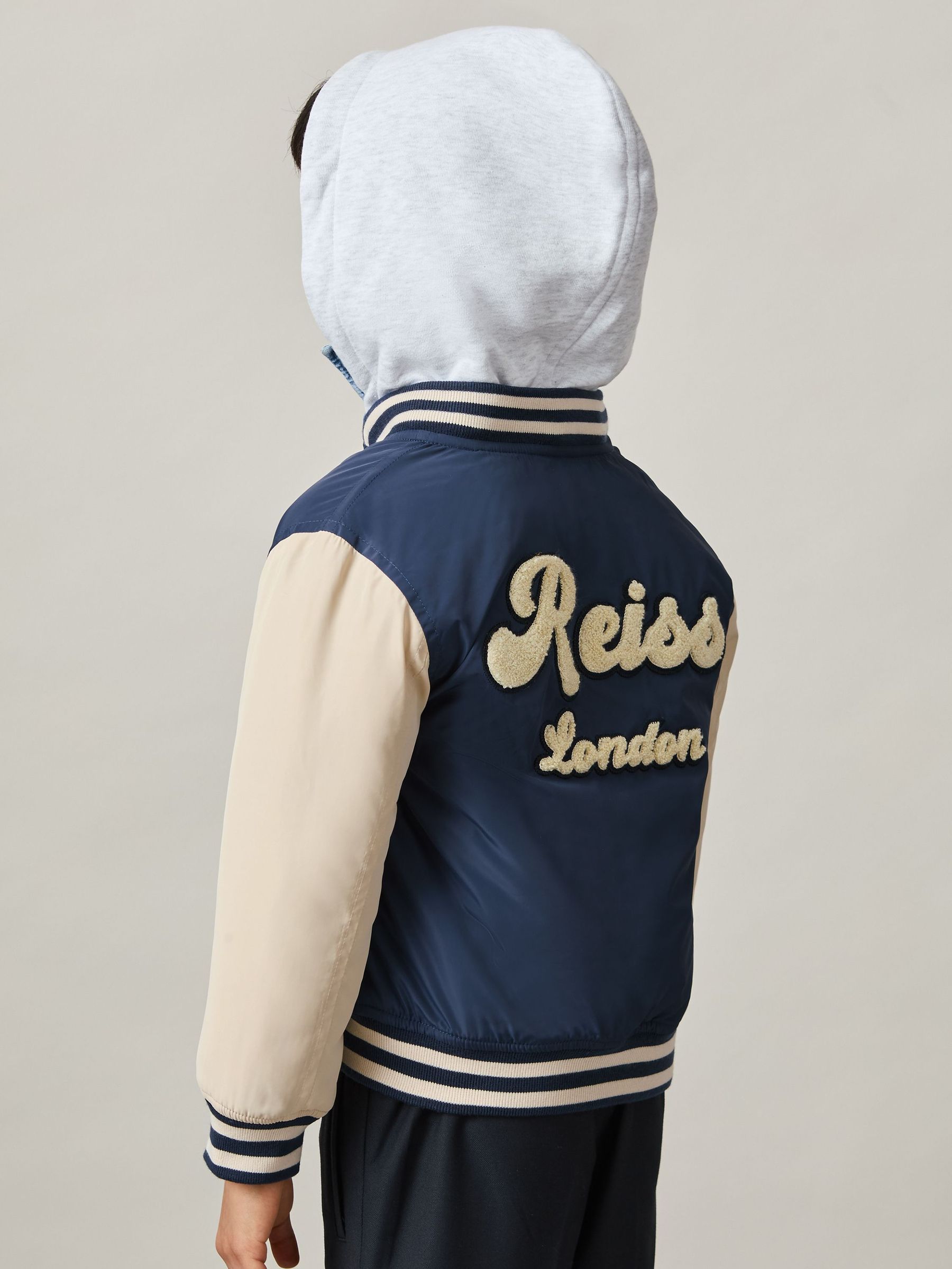 9-13 yrs Logo Patch Hooded Varsity Jacket in Airforce Blue/Off White (AU4121) | US$125