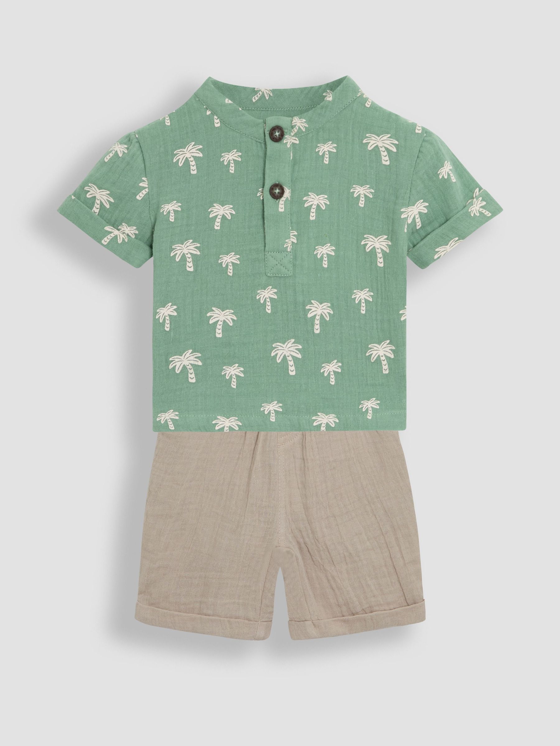 Khaki Palm Tree 2-Piece Cheesecloth T-Shirt & Shorts Set (AU4158) | $48 - $51