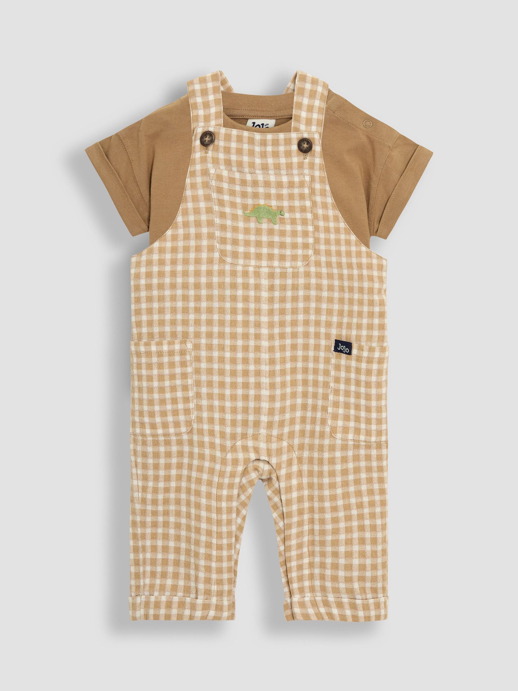 Brown 2-Piece Dino Gingham Dungarees & T-Shirt Set (AU4176) | $51 - $55