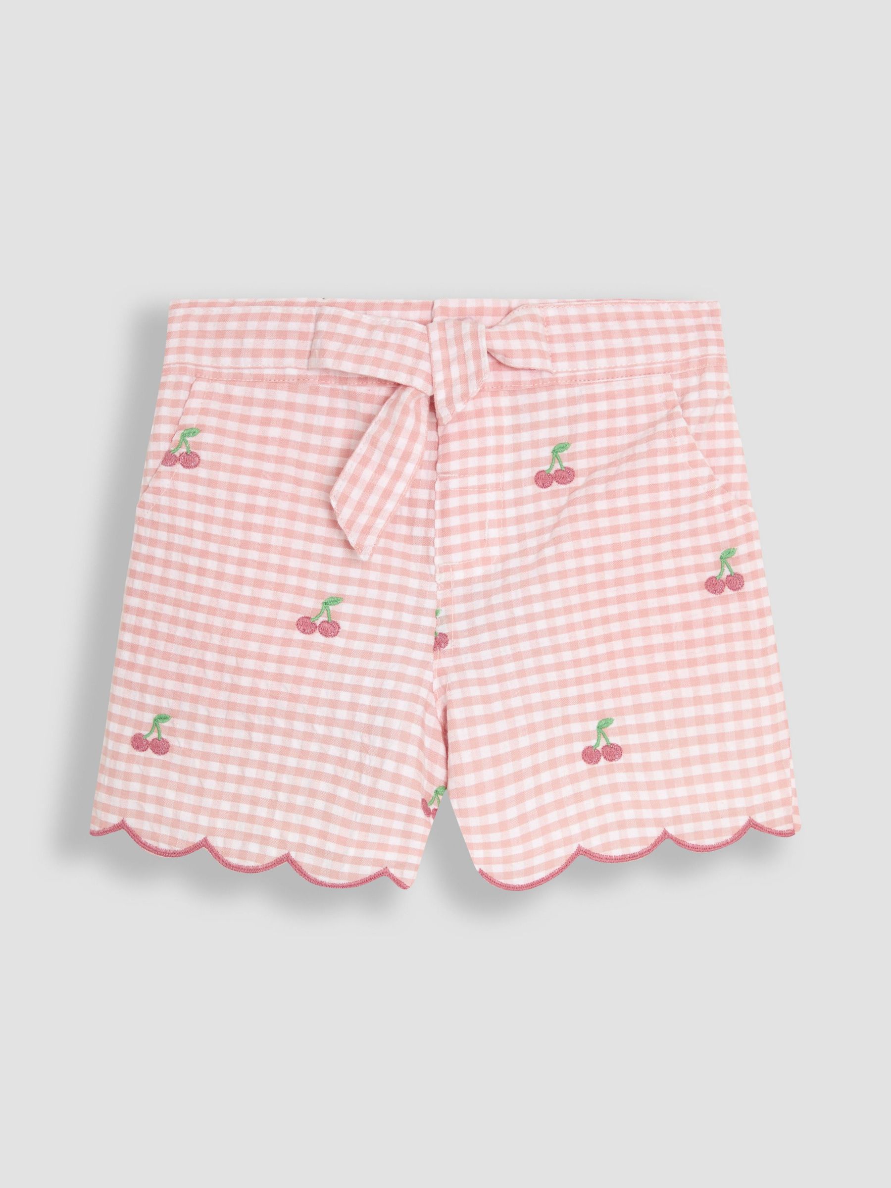 Pink Gingham Cherry Embroidered Scallop Hem 100% Cotton Shorts (AU4197) | $31 - $36