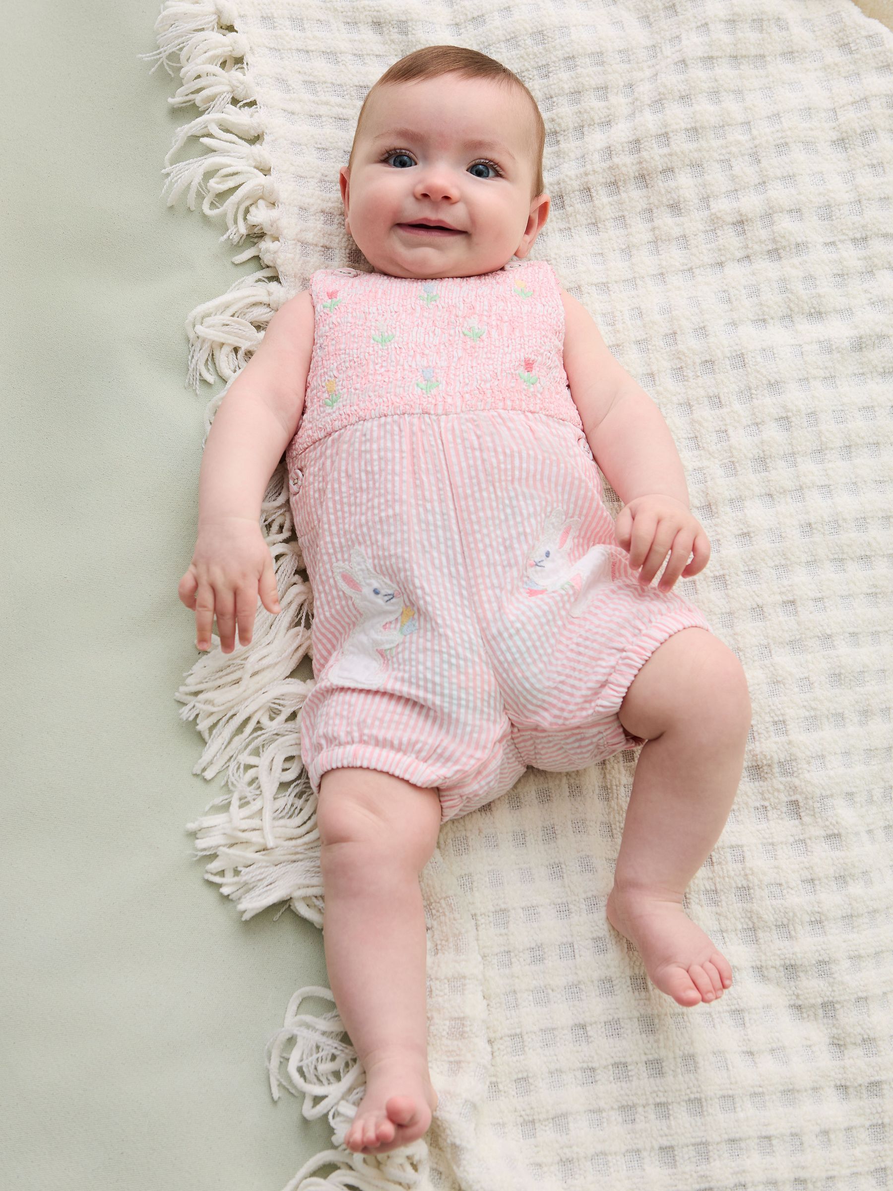 Pink Smocked Stripe Bunny Appliqué Pocket 100% Cotton Dungarees (AU4217) | $41 - $43