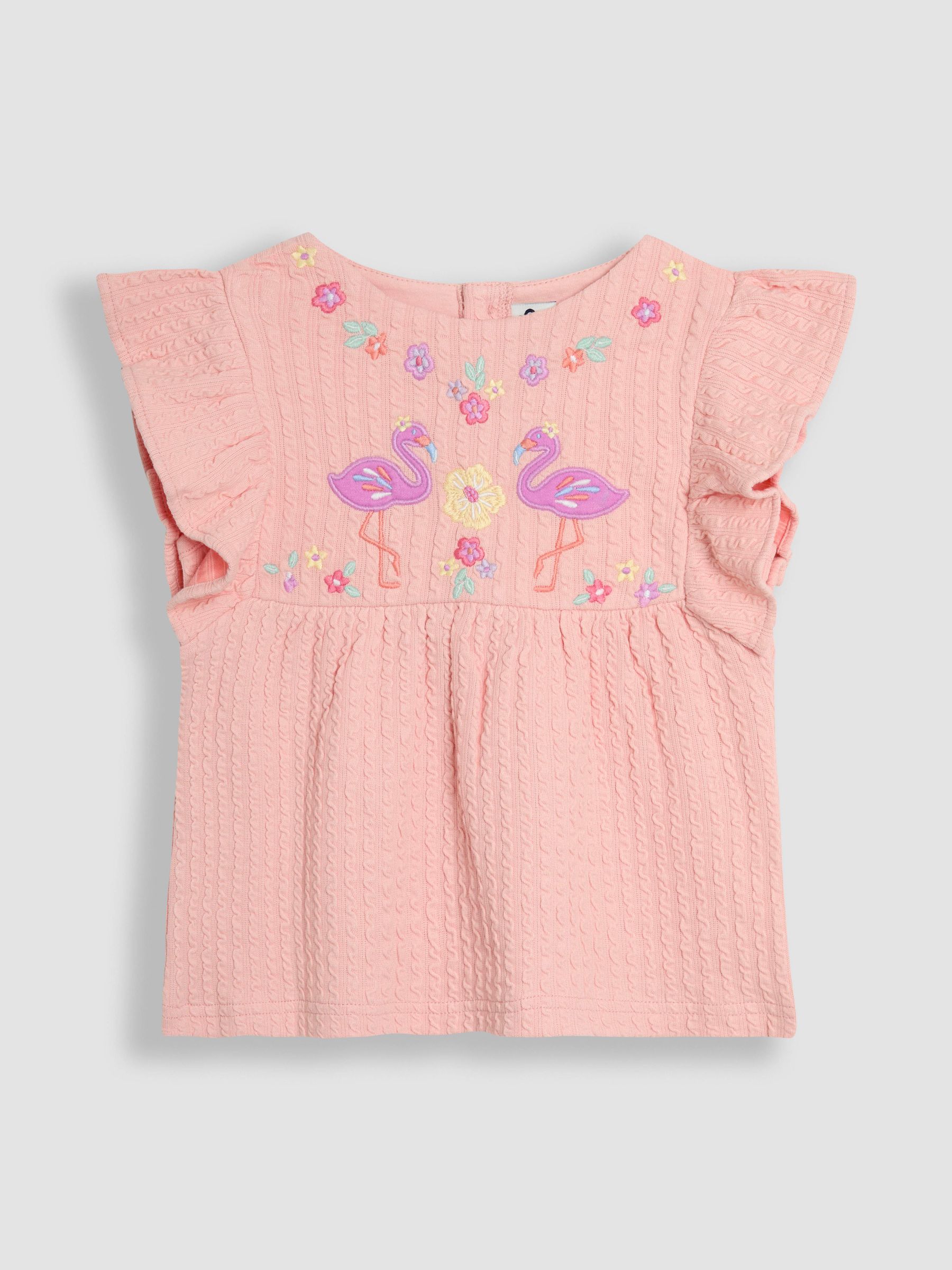 Coral Pink Flamingo Appliqué Flutter Sleeve T-Shirt (AU4625) | $27 - $33
