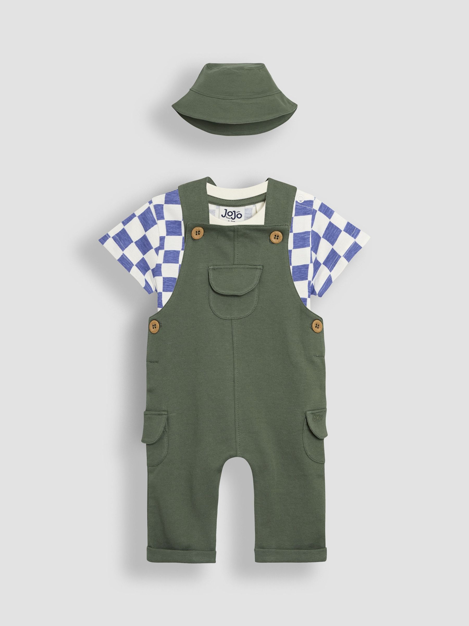 Khaki 3-Piece Cargo 100% Cotton Dungarees & T-Shirt Set with Hat (AU4629) | $51 - $55