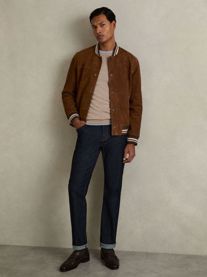 Suede Stripe-Trim Bomber Jacket in Terracotta (AU4866) | US$310