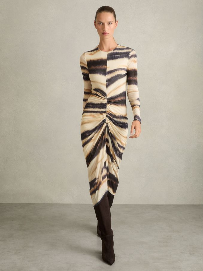 Jersey Ruched Printed Dress With Wool in Neutral/Navy (AU4870) | US$146
