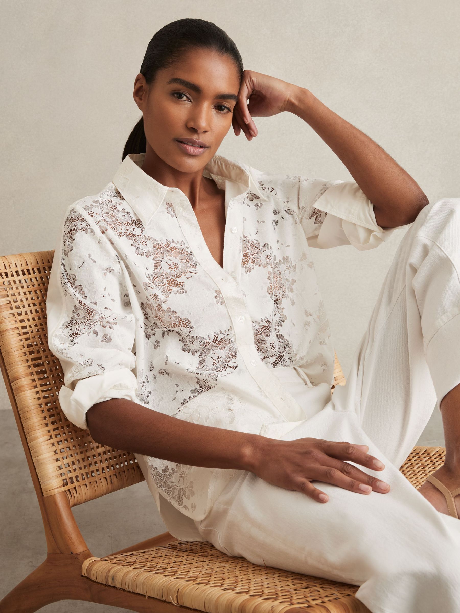Lace-Front Shirt With Cotton in Ivory (AU4900) | US$240
