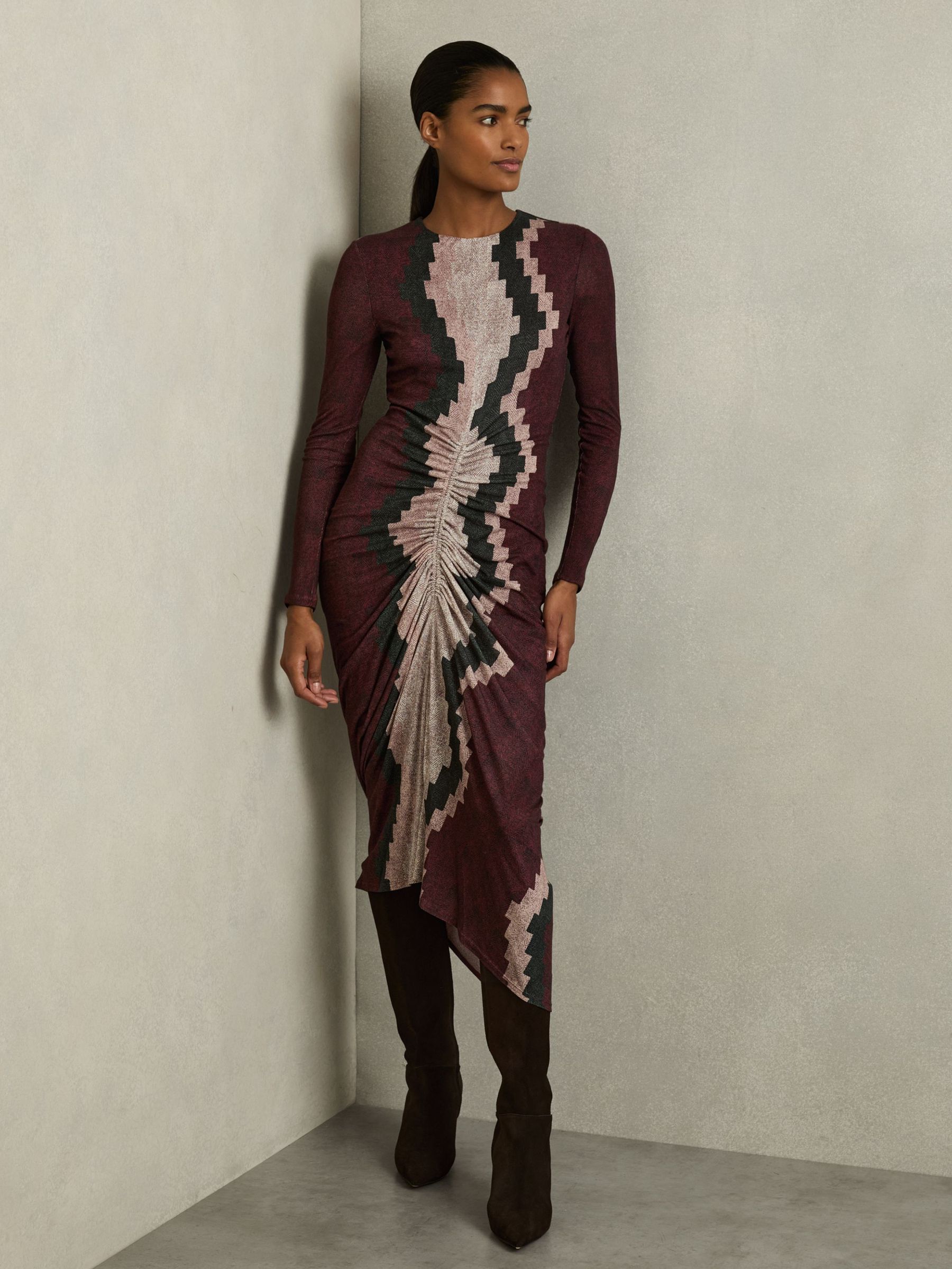 Jersey Ruched Printed Dress With Wool in Burgundy (AU4903) | $175