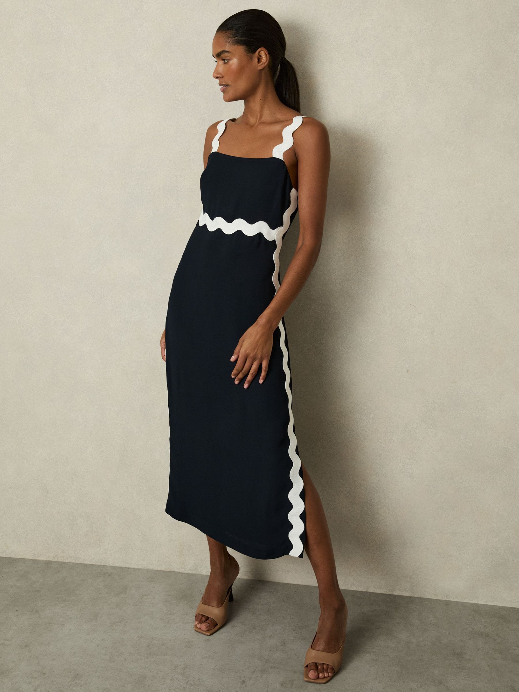 Wave-Trim Crepe Midi Dress in Navy (AU4905) | 1,125 SAR
