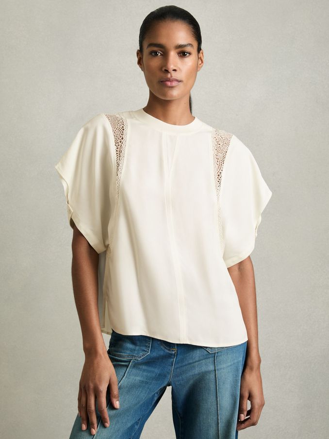 Lace-Insert T-Shirt in Cream (AU4908) | US$215