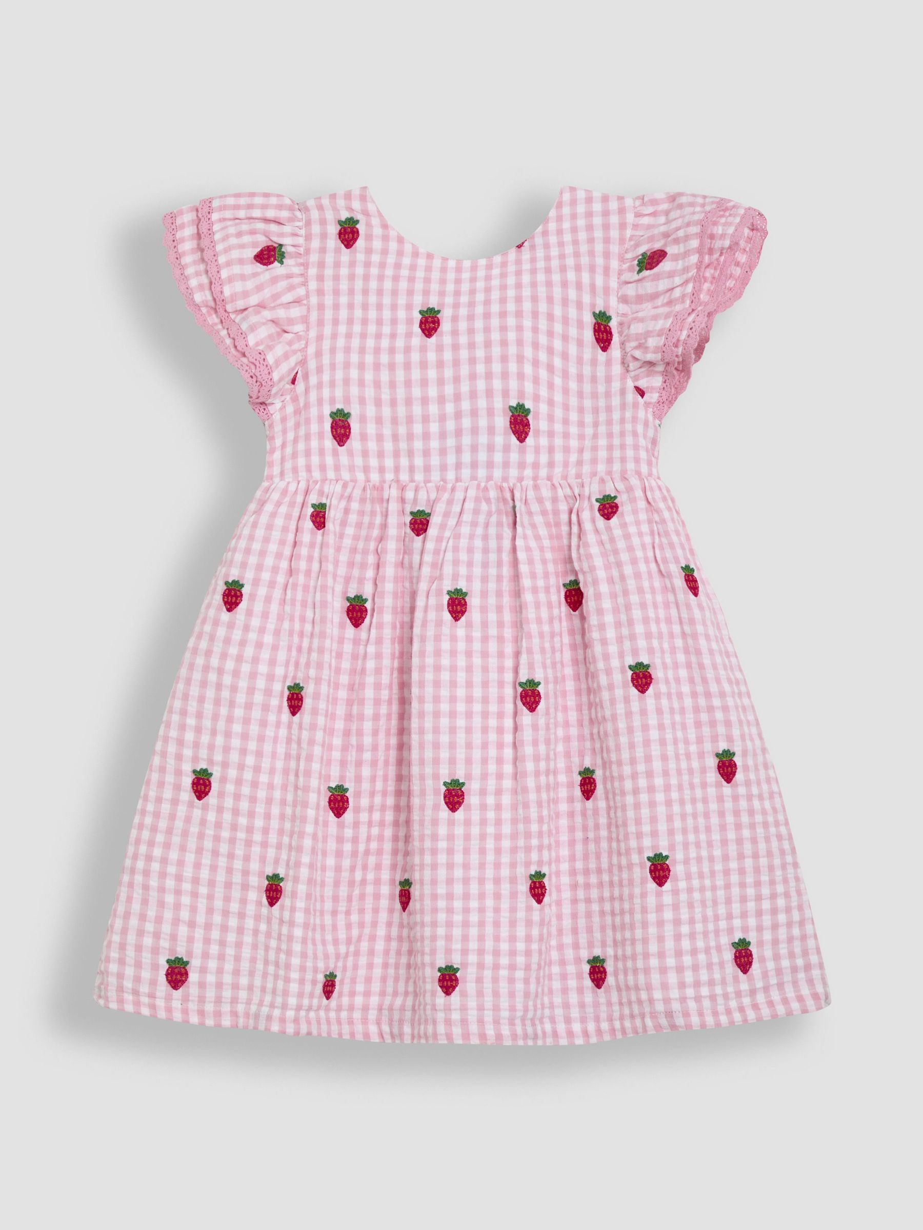 Pink Strawberry Embroidered Gingham Double Frill Shoulder Dress (AU5342) | $41 - $46