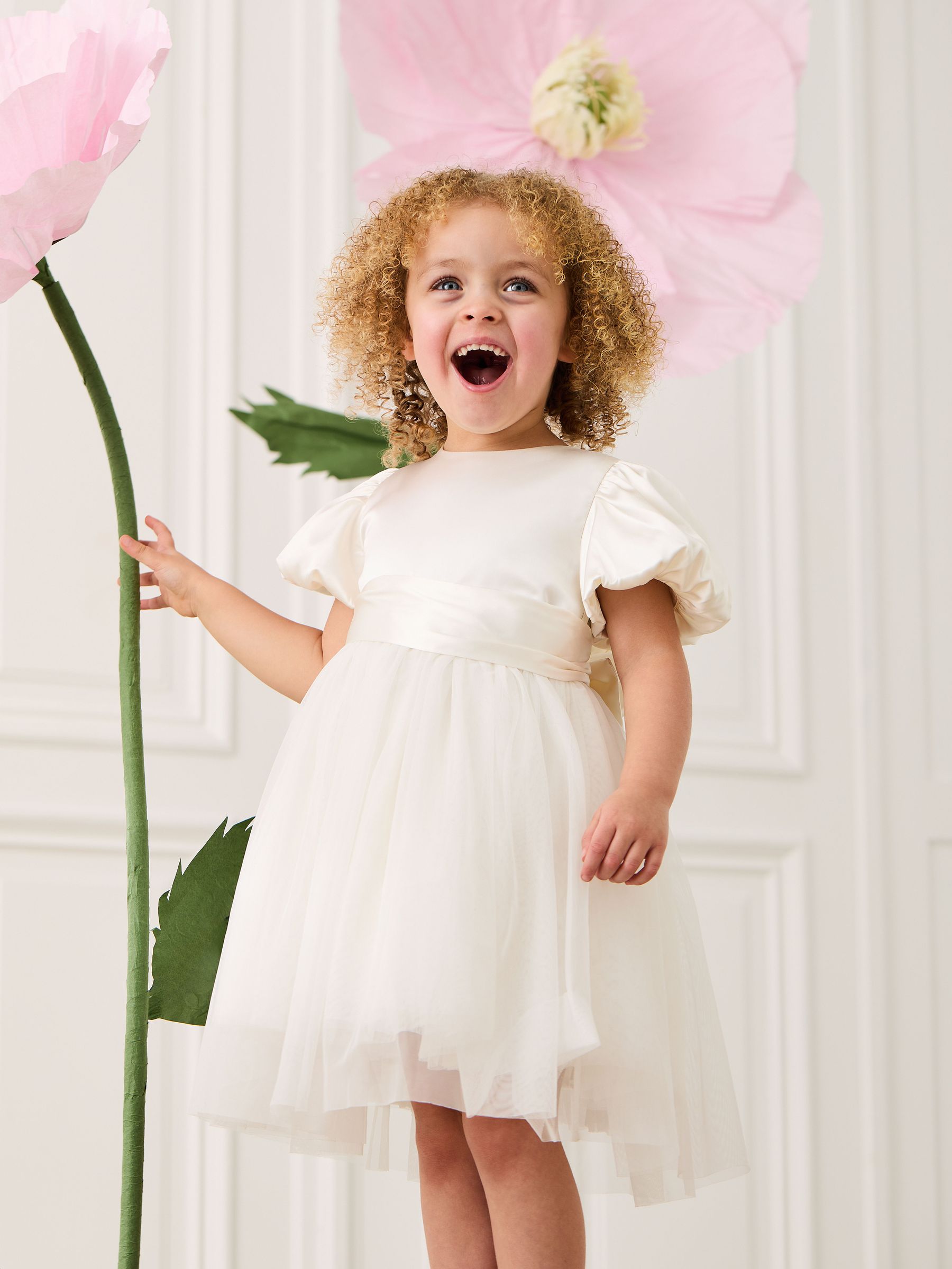 Cream Balloon Sleeve Satin Sash Flower Girl Dress (AU5374) | $91 - $101