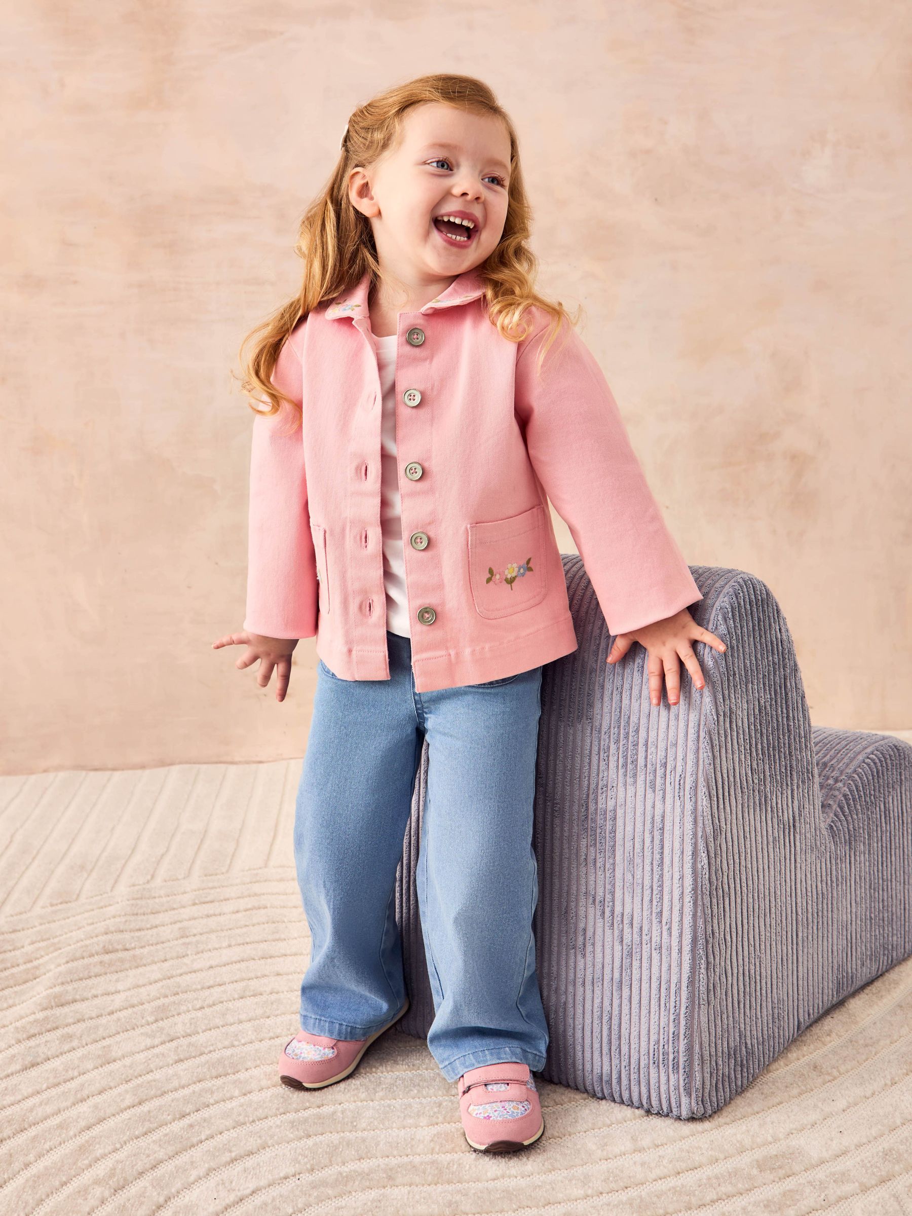 Pink Floral Embroidered Collared Twill Jacket (AU5390) | $51 - $62
