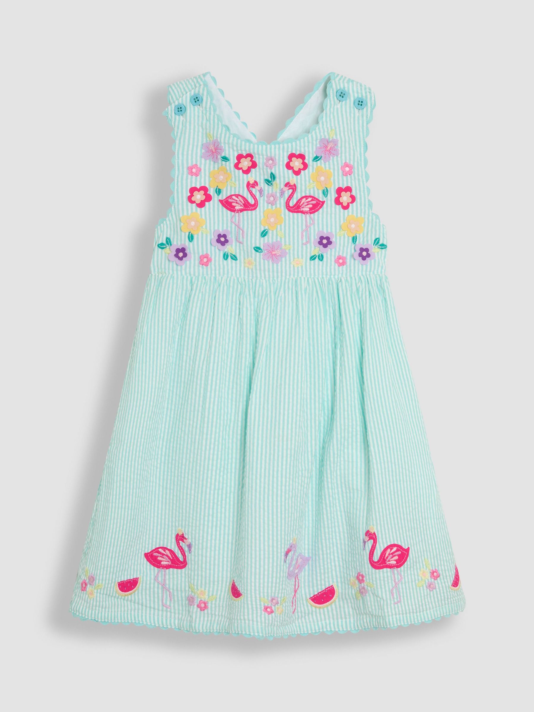 Mint Green Flamingo Appliqué Seersucker Cross Back Dress (AU5534) | $45 - $50