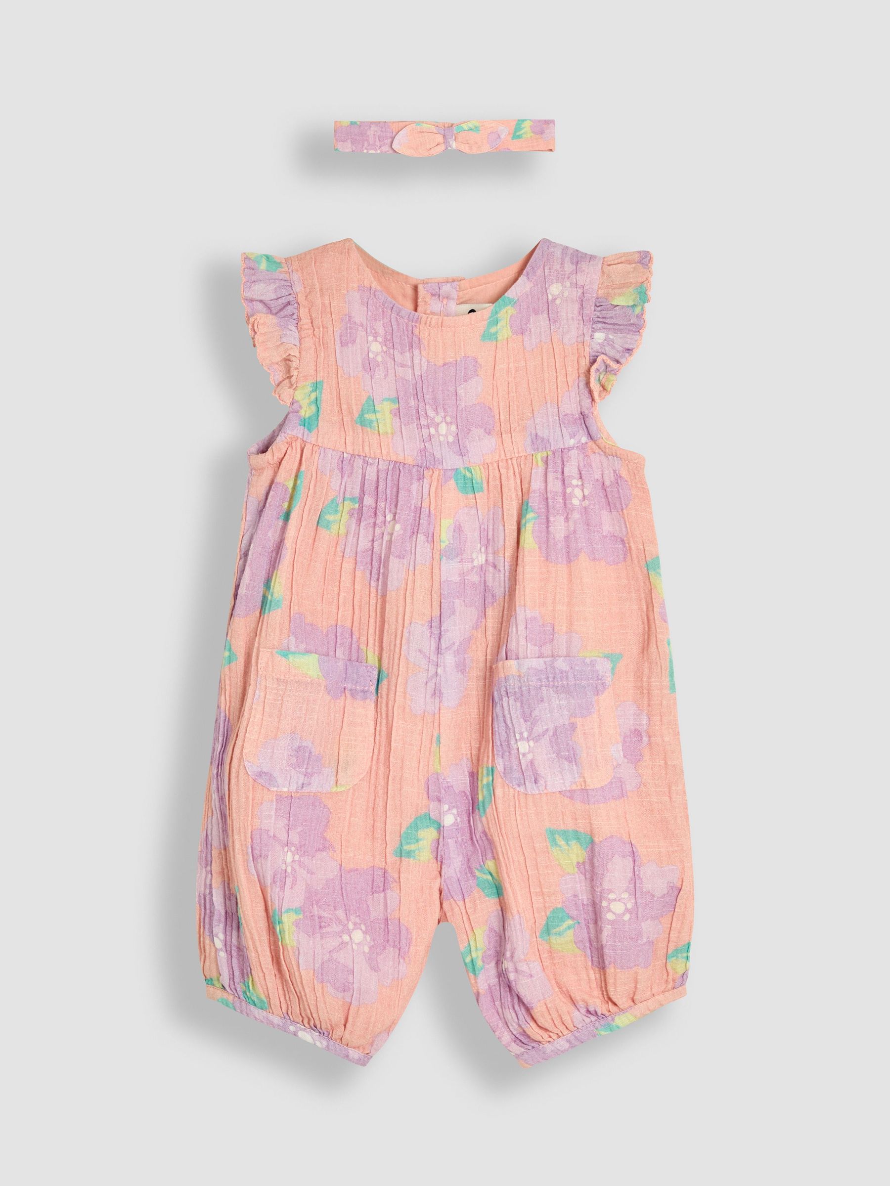 Coral Pink Tropical Floral Pretty Ruffle Shoulder Sunsuit with Headband (AU5546) | $39 - $41
