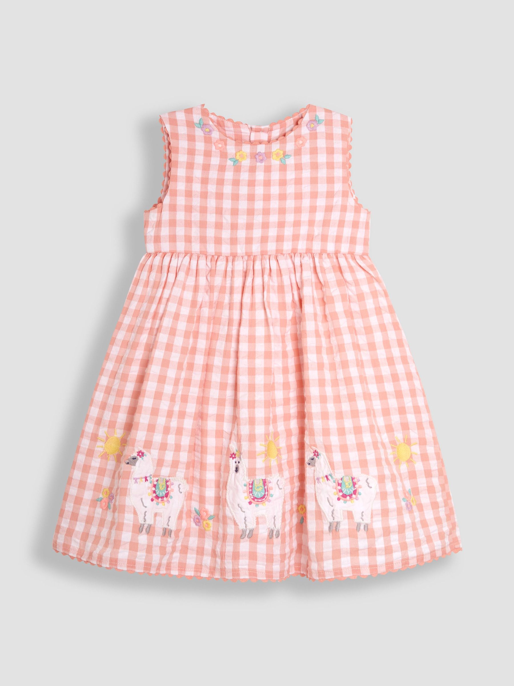 Coral Pink Llama Appliqué Gingham Summer Dress (AU5560) | $43 - $48