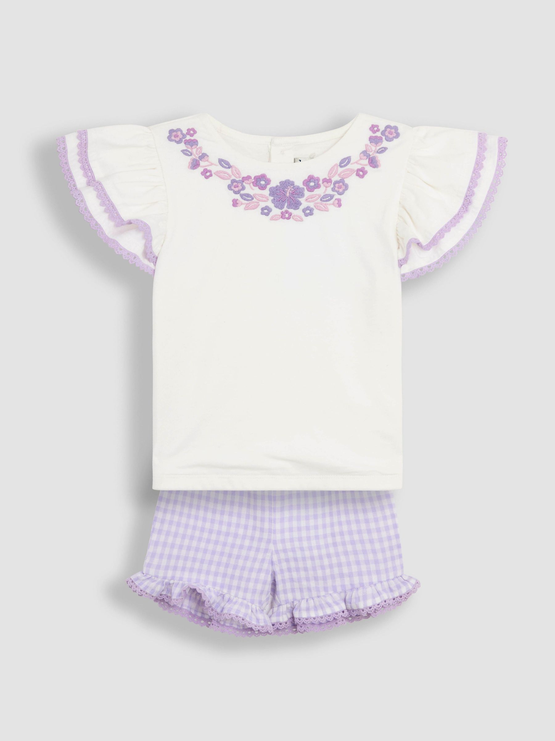 Lilac Purple Gingham 2-Piece Embroidered Double Frill Sleeve T-Shirt & Shorts Set (AU5575) | $51 - $62