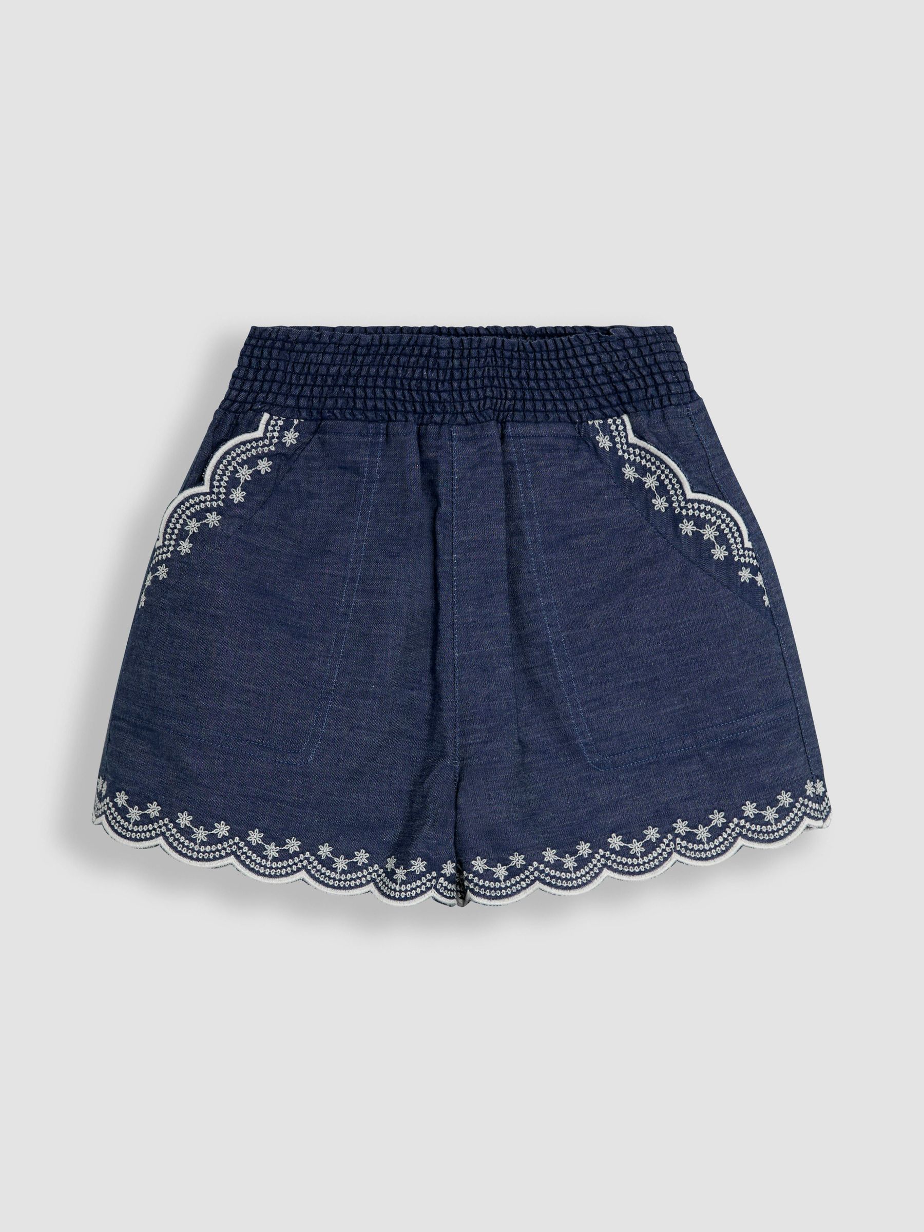 Chambray Blue Broderie Scallop Pocket Shorts (AU5595) | $31 - $36