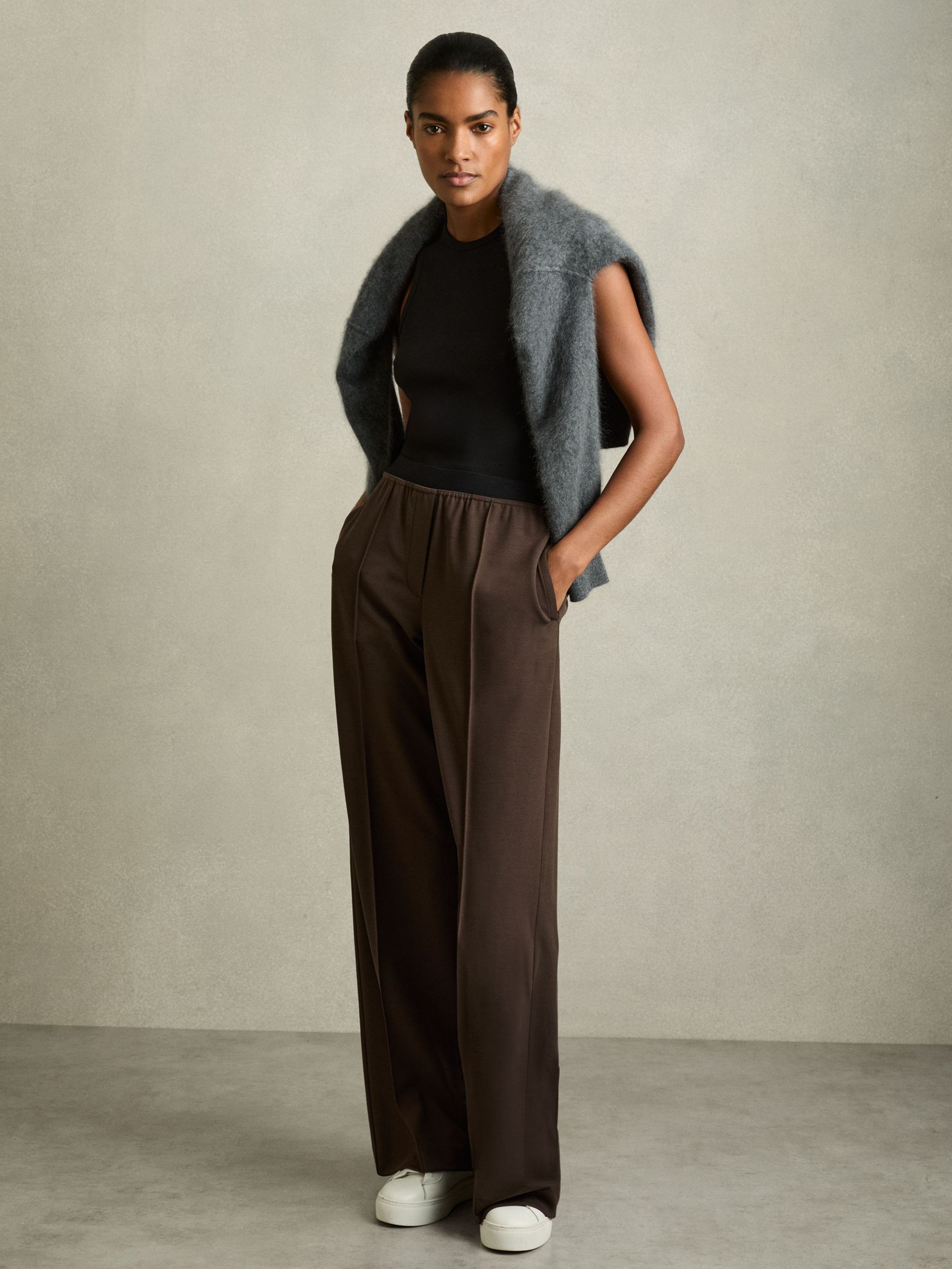 Wide-Leg Elasticated-Waistband Trousers in Chocolate Brown (AU6642) | US$225