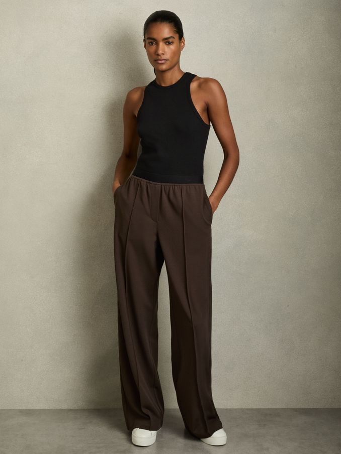 Petite Wide-Leg Elasticated-Waistband Trousers in Chocolate Brown (AU6644) | US$225
