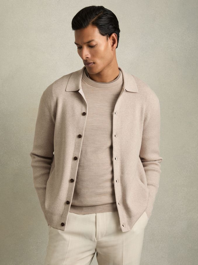 Fine-Ribbed Button-Through Cardigan in Oatmeal Melange (AU6652) | €195