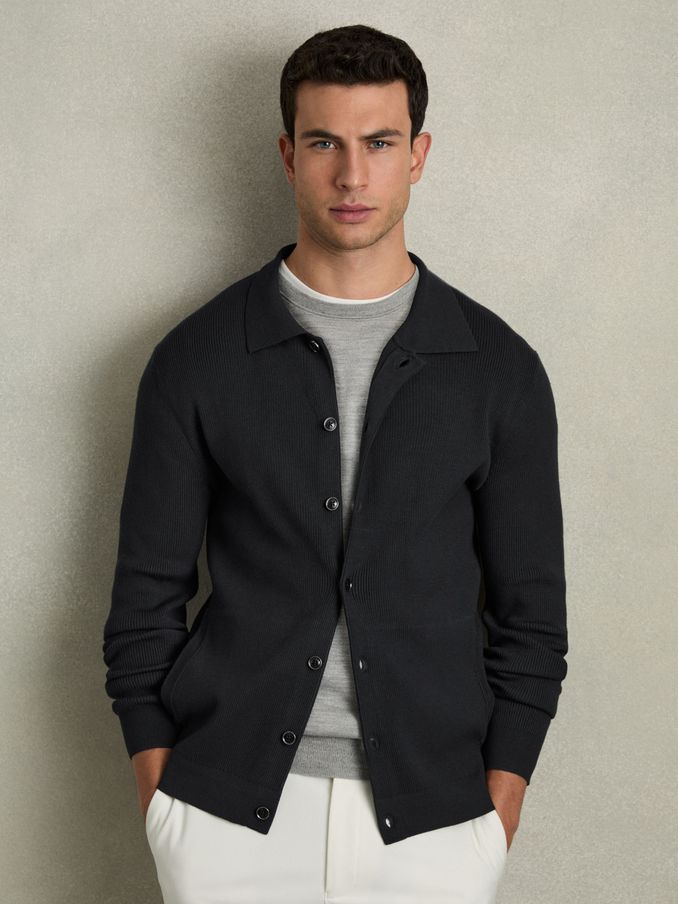 Fine-Ribbed Button-Through Cardigan in Navy (AU6653) | €195