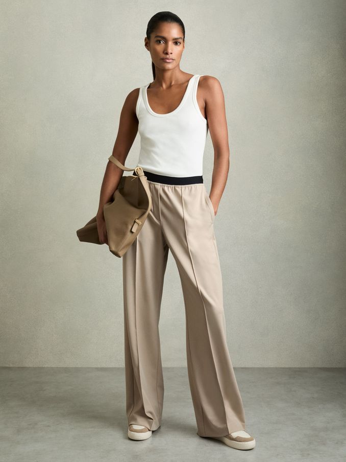 Wide-Leg Elasticated-Waistband Trousers in Neutral (AU6655) | US$225