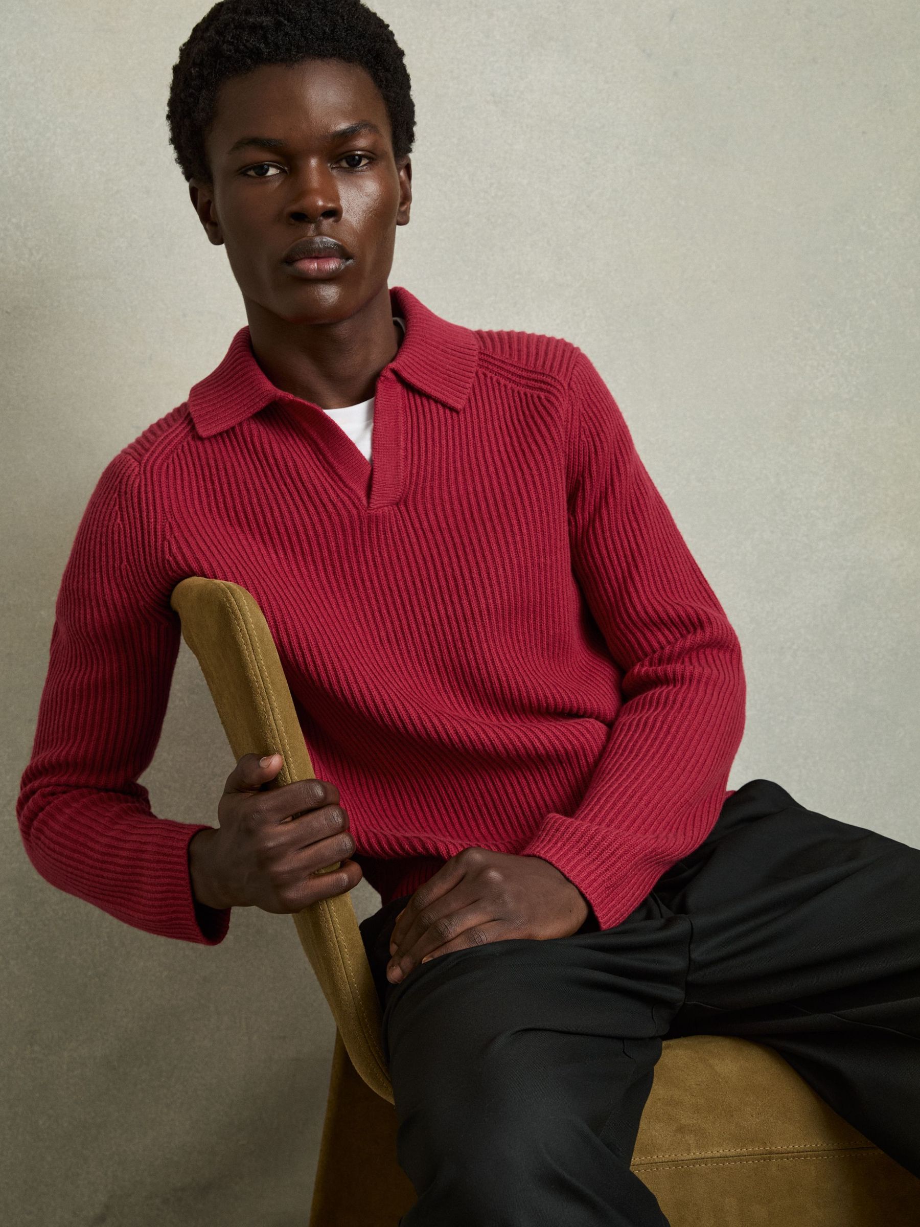 Rib Knit Open Collar Polo Shirt in Red (AU6658) | €136