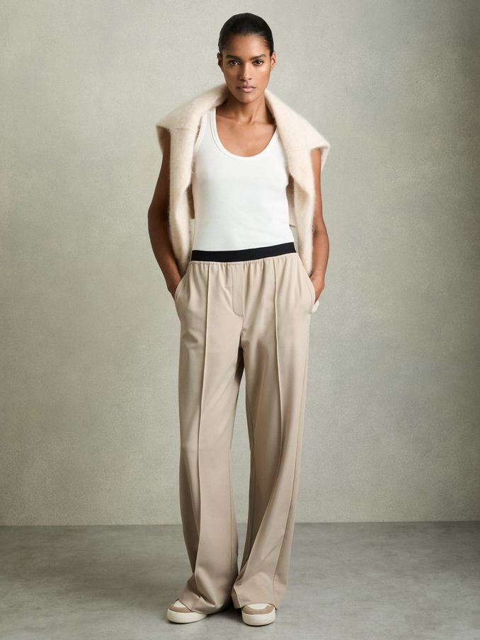 Petite Wide-Leg Elasticated-Waistband Trousers in Neutral (AU6664) | US$225