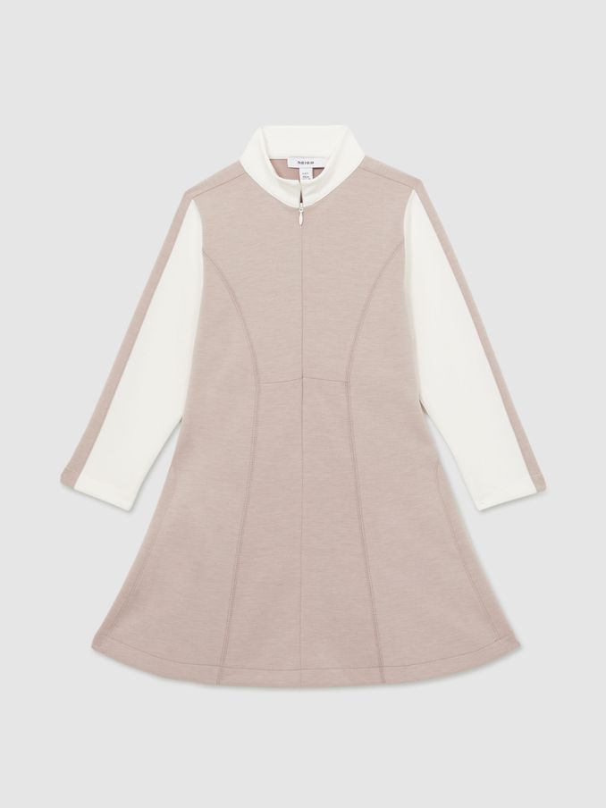 13-14 yrs Jersey Contrast-Stitch Flared Dress in Ecru (AU6755) | €43