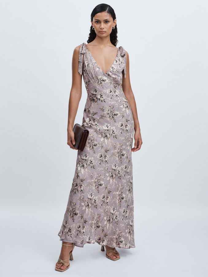 Paige Satin Floral Maxi Dress With Silk in Pewter Multi (AU6760) | €418