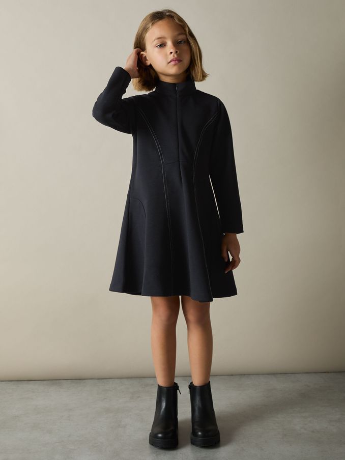 9-13 yrs Jersey Contrast-Stitch Flared Dress in Navy (AU6762) | $42