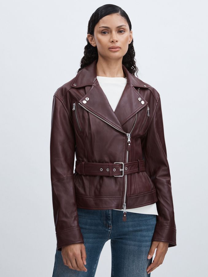 Paige Leather Belted Moto Jacket in Dark Oxblood (AU6766) | US$1,600
